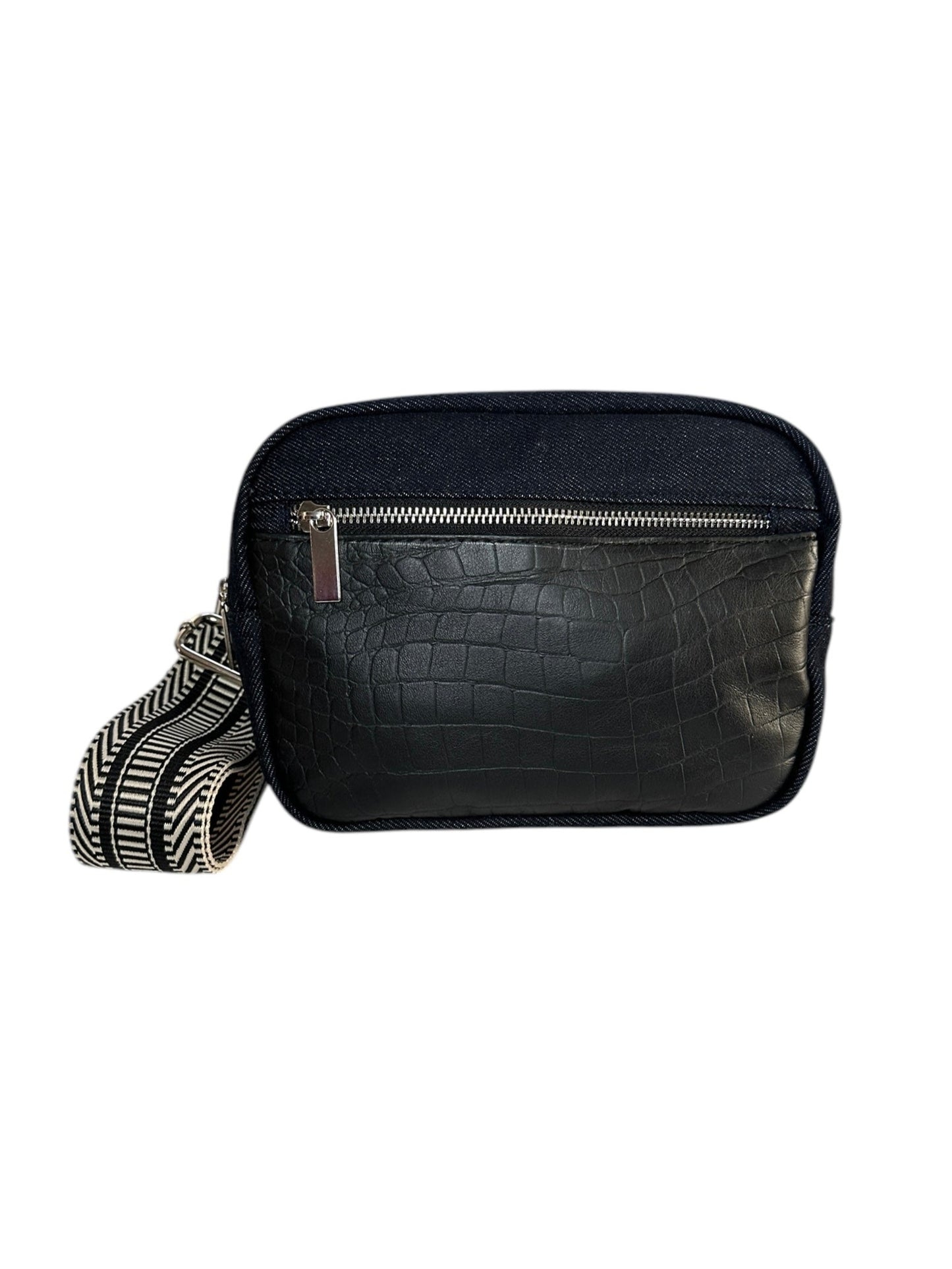 Black denim and croco leather sling bag.