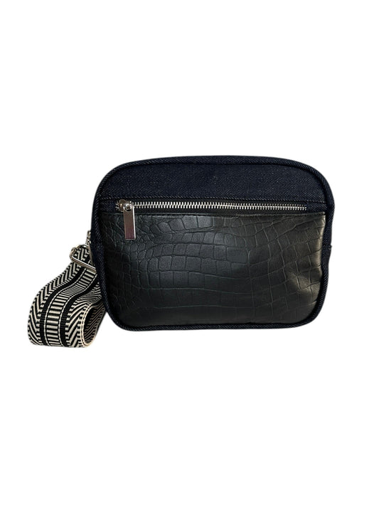 Black denim and croco leather sling bag.