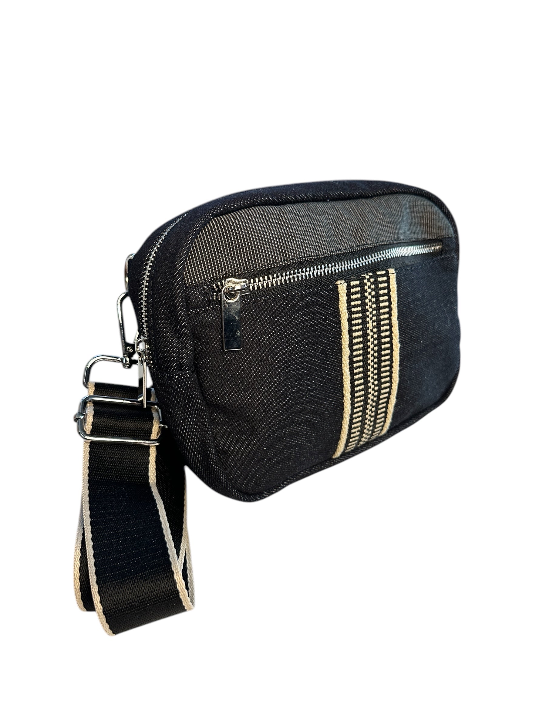 Black denim sling bag with colorful web.