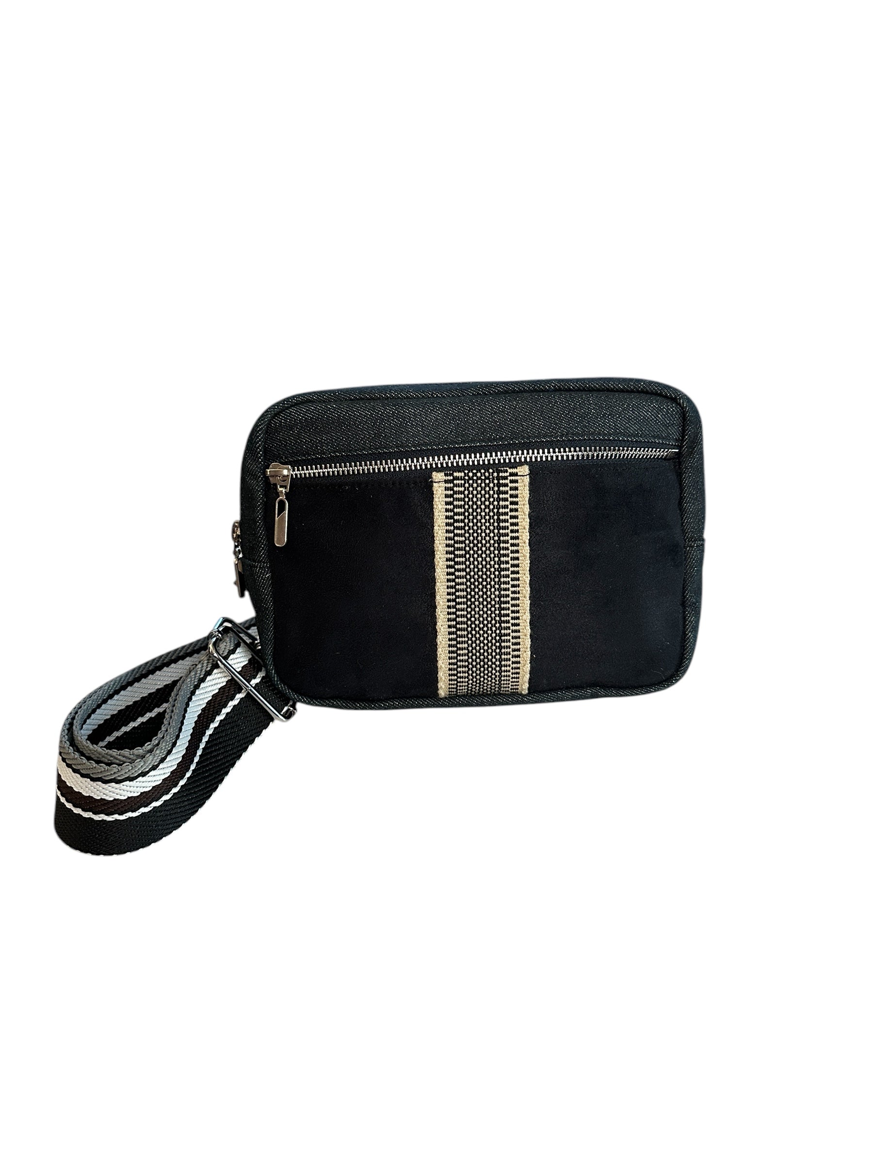 Unisex black denim sling crossbody travel bag, the essential bag for your adventures.