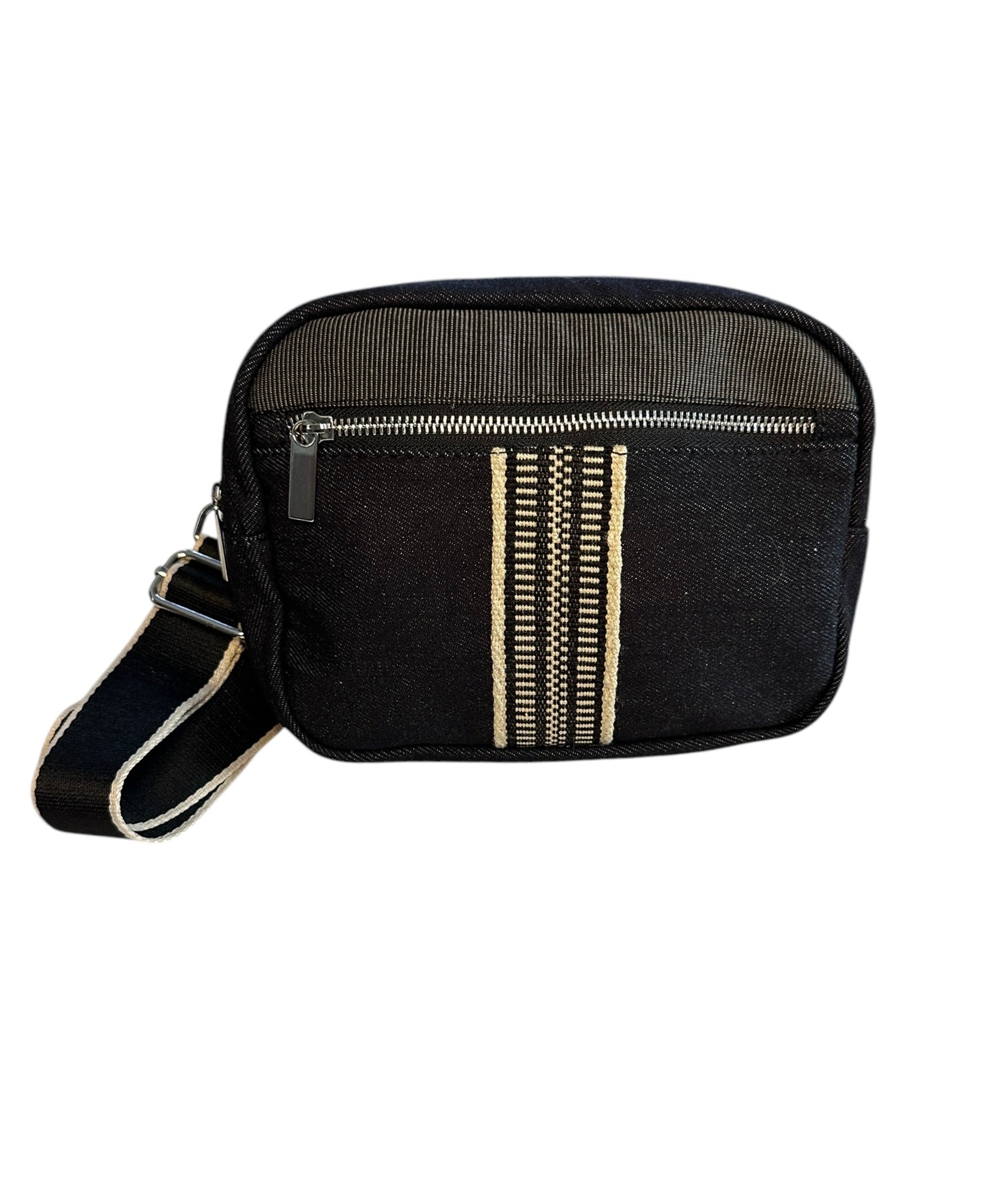 Unisex black denim sling crossbody travel bag, the essential bag for your adventures.