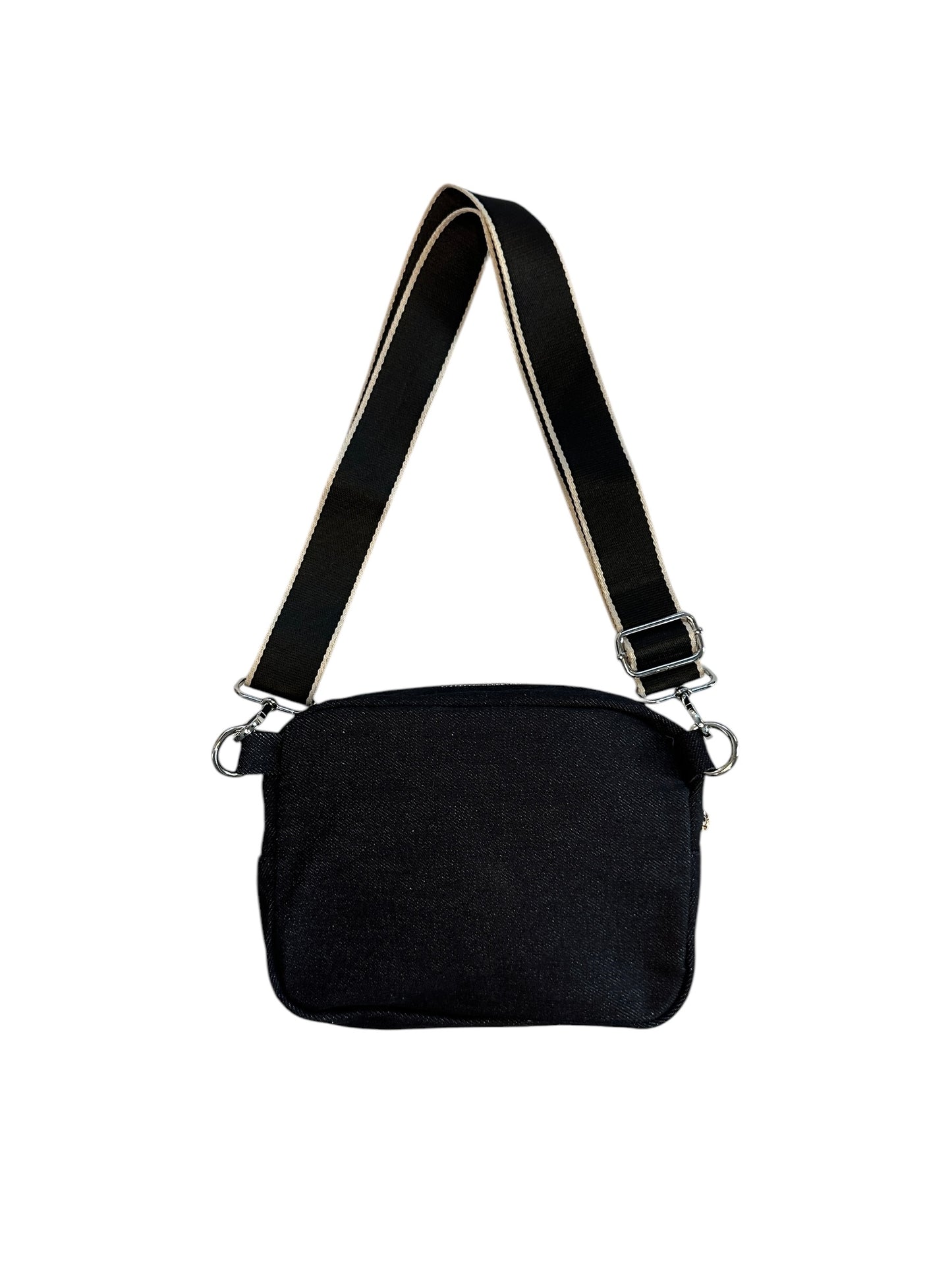 Black denim sling bag with colorful web.