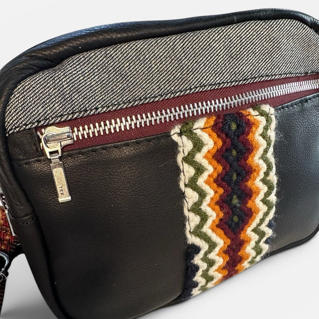 Black pouch with colorful zigzag pattern on a white background