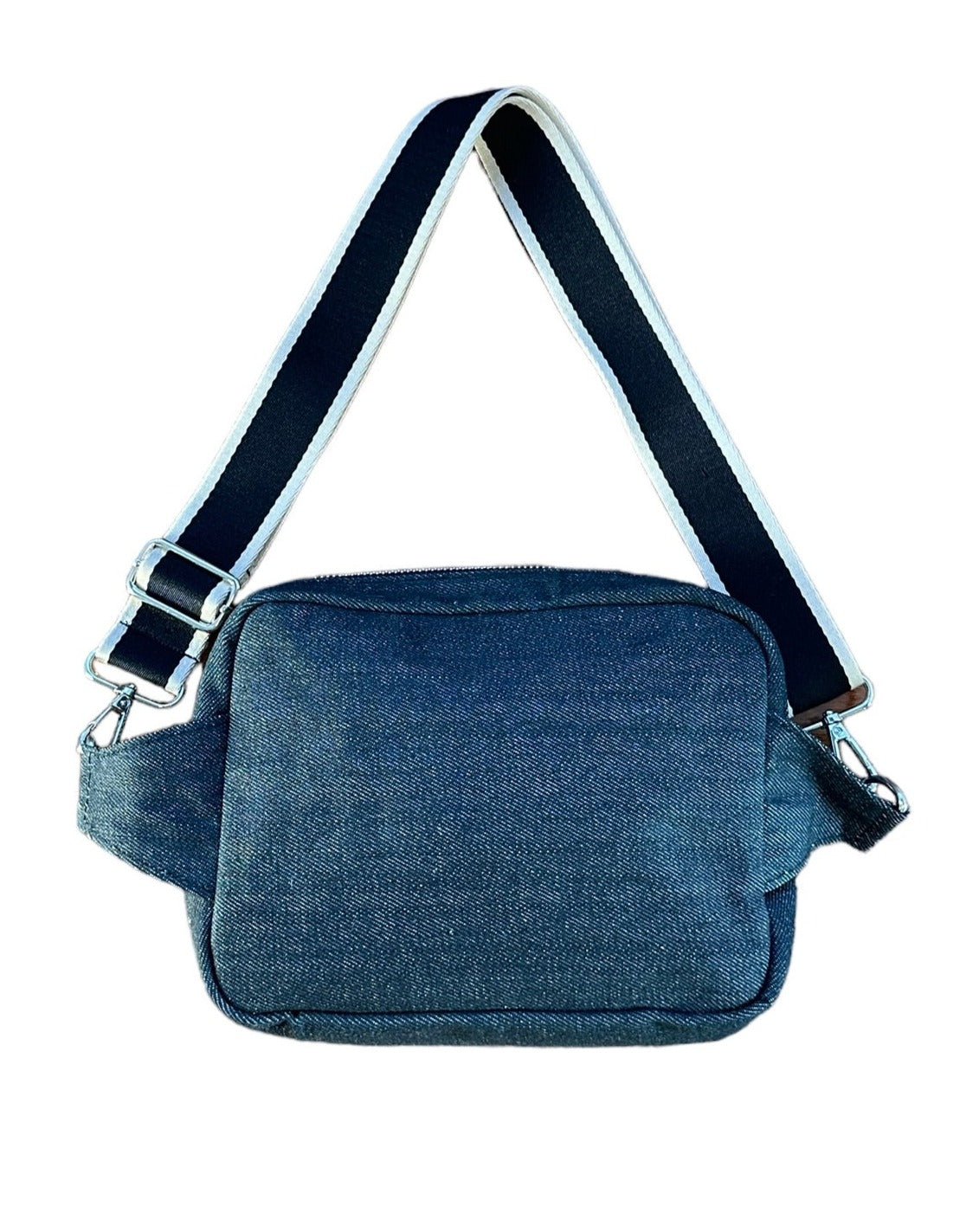 Black denim sling crossbody travel bag.