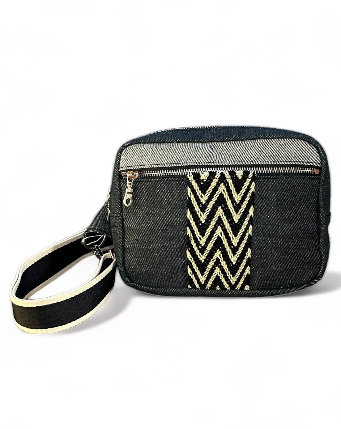Black denim sling crossbody travel bag.