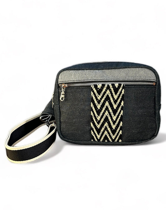 Black denim sling crossbody travel bag.
