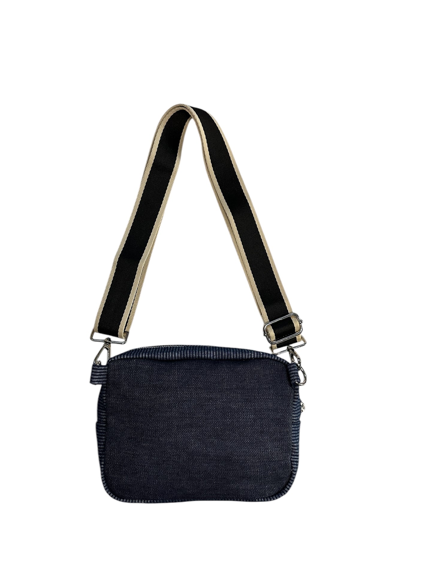 Blue sling bag with colorful web.