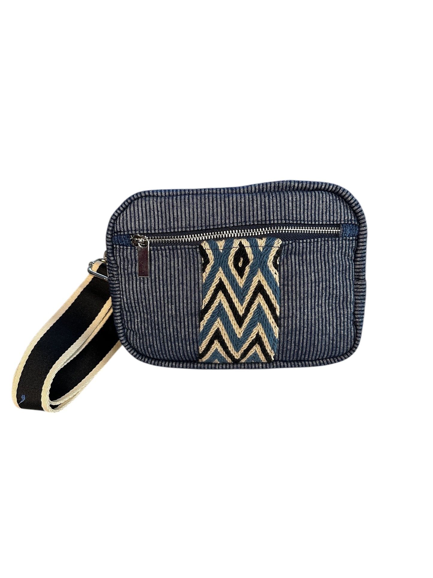 Stripe sling bag with colorful web.