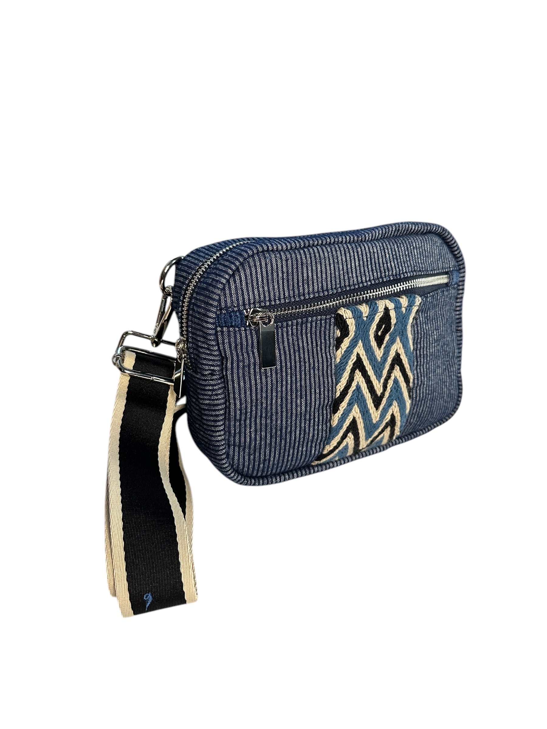 Blue sling bag with colorful web.