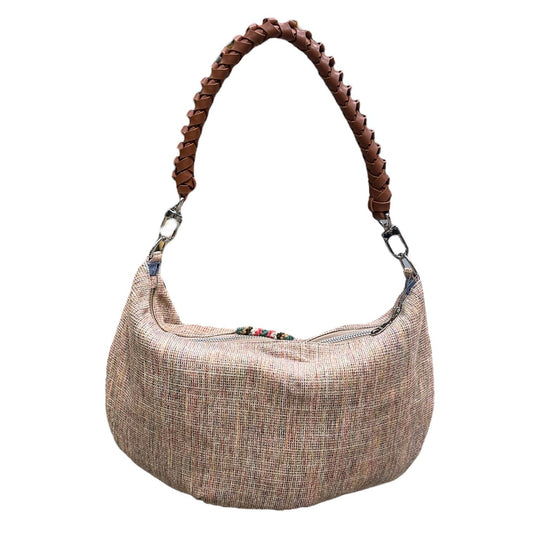Beige handbag with a brown handle on a white background