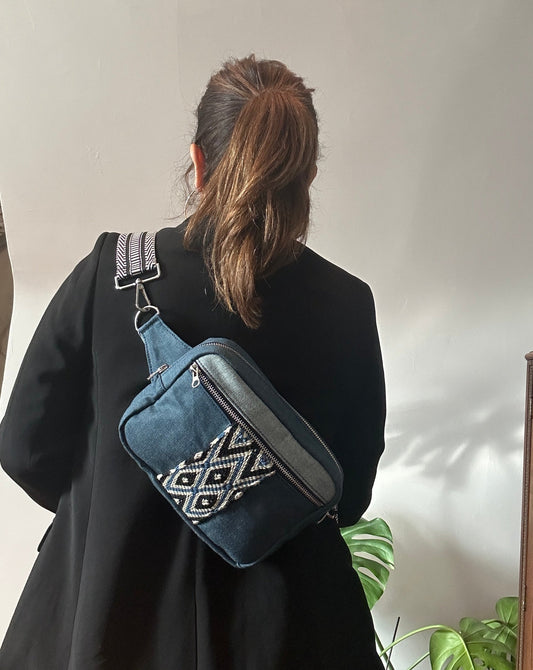 Two tone denim unisex sling crossbody bag.