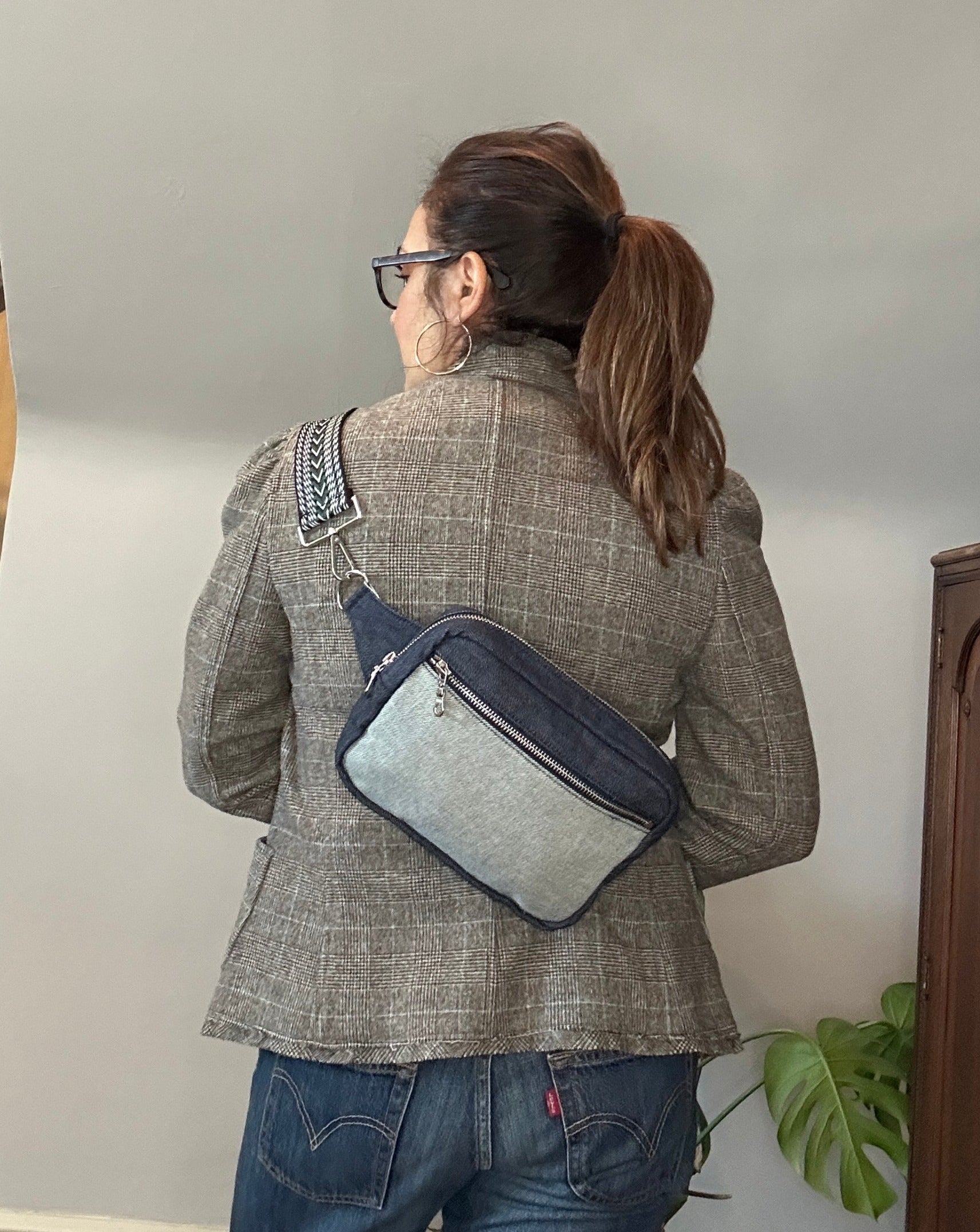 Two tone blue denim unisex crossbody sling bag.