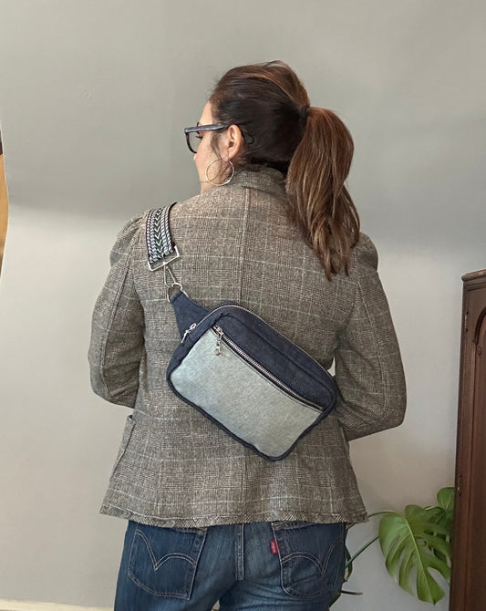 Two tone blue denim unisex crossbody sling bag.