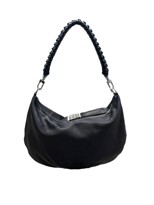 Black handbag with braided handle on a white background