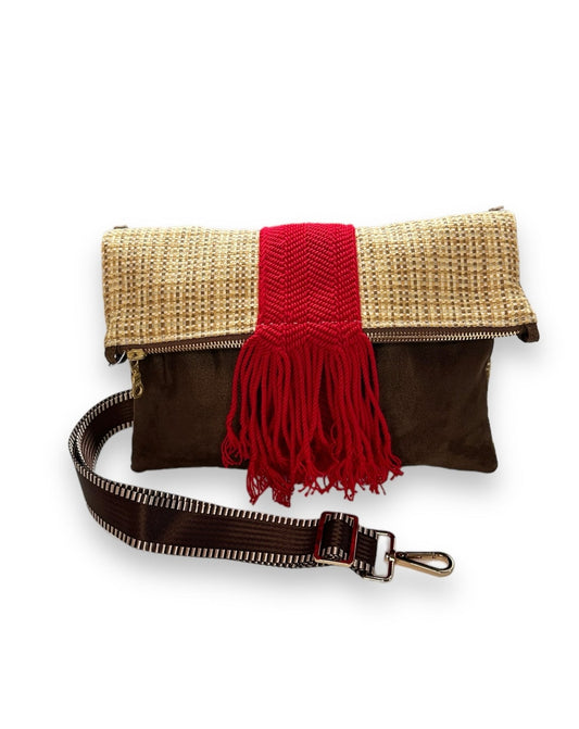 Tan Weave and Brown Faux Suede Foldover Tina Crossbody Bag