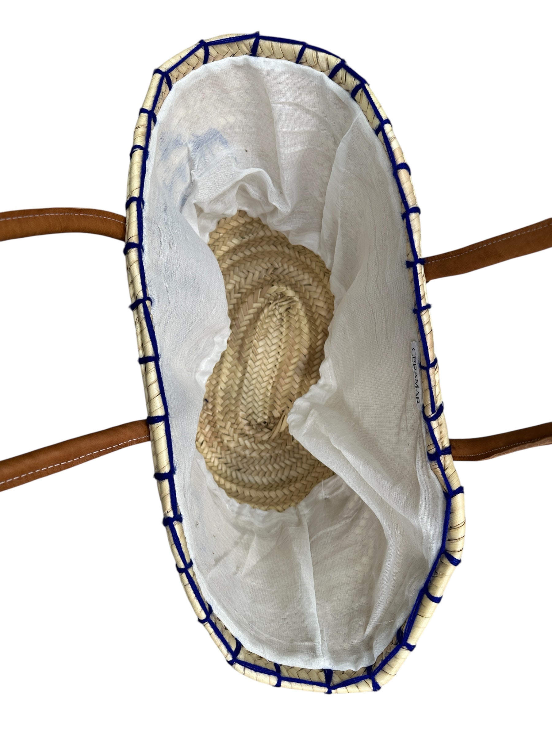 Basket with a straw hat inside on a white background