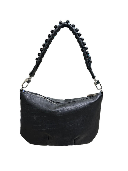 Black handbag with braided handle on a white background