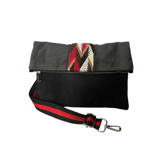 Black faux suede crossbody bag with pinstripe detail