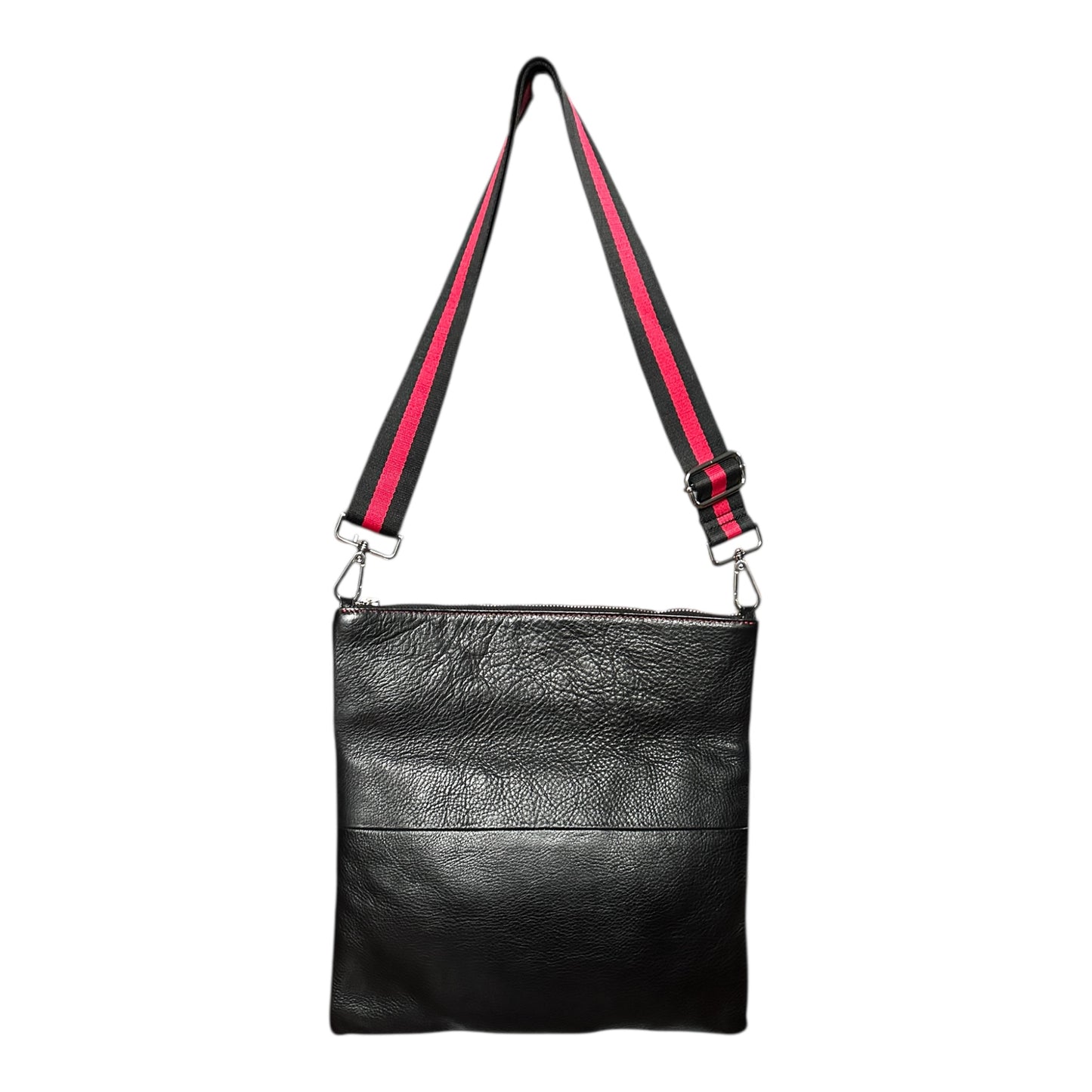 Red and black leather crossbody bag with sleek, modern design