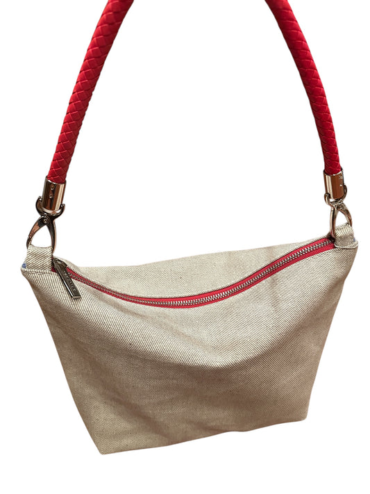 Gray handbag with red strap on a white background