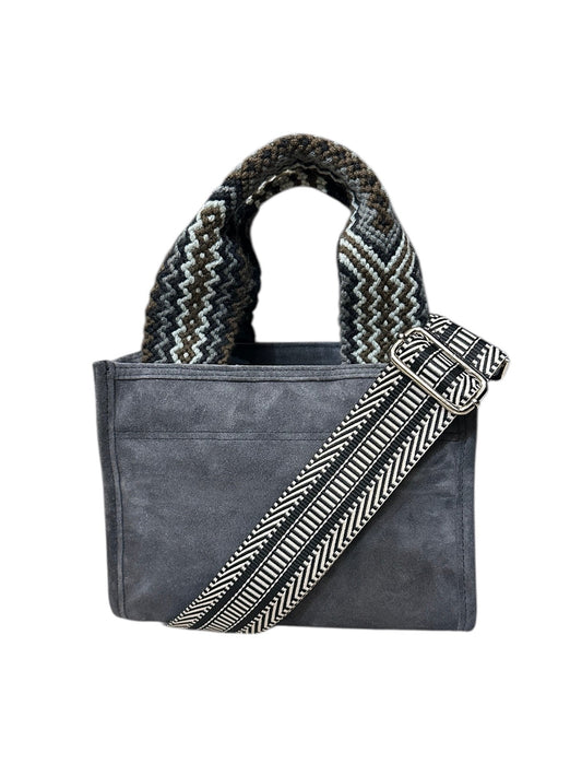 Gray tote bag with a patterned strap on a white background