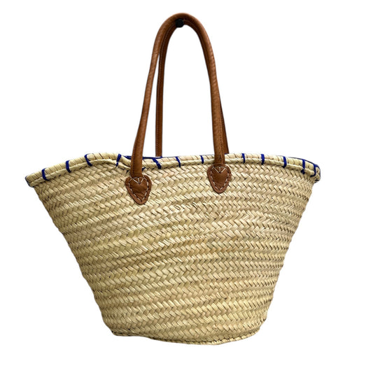 Woven straw bag with brown handles on a white background