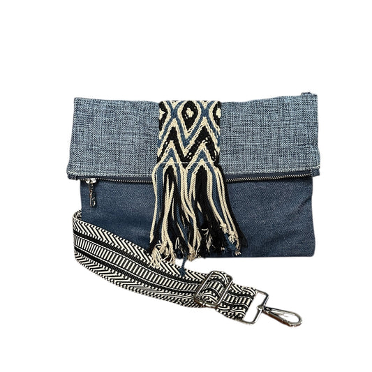 Navy denim and woven texture crossbody bag with adjustable strap