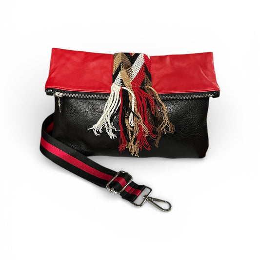 Red and black leather crossbody bag with adjustable strap