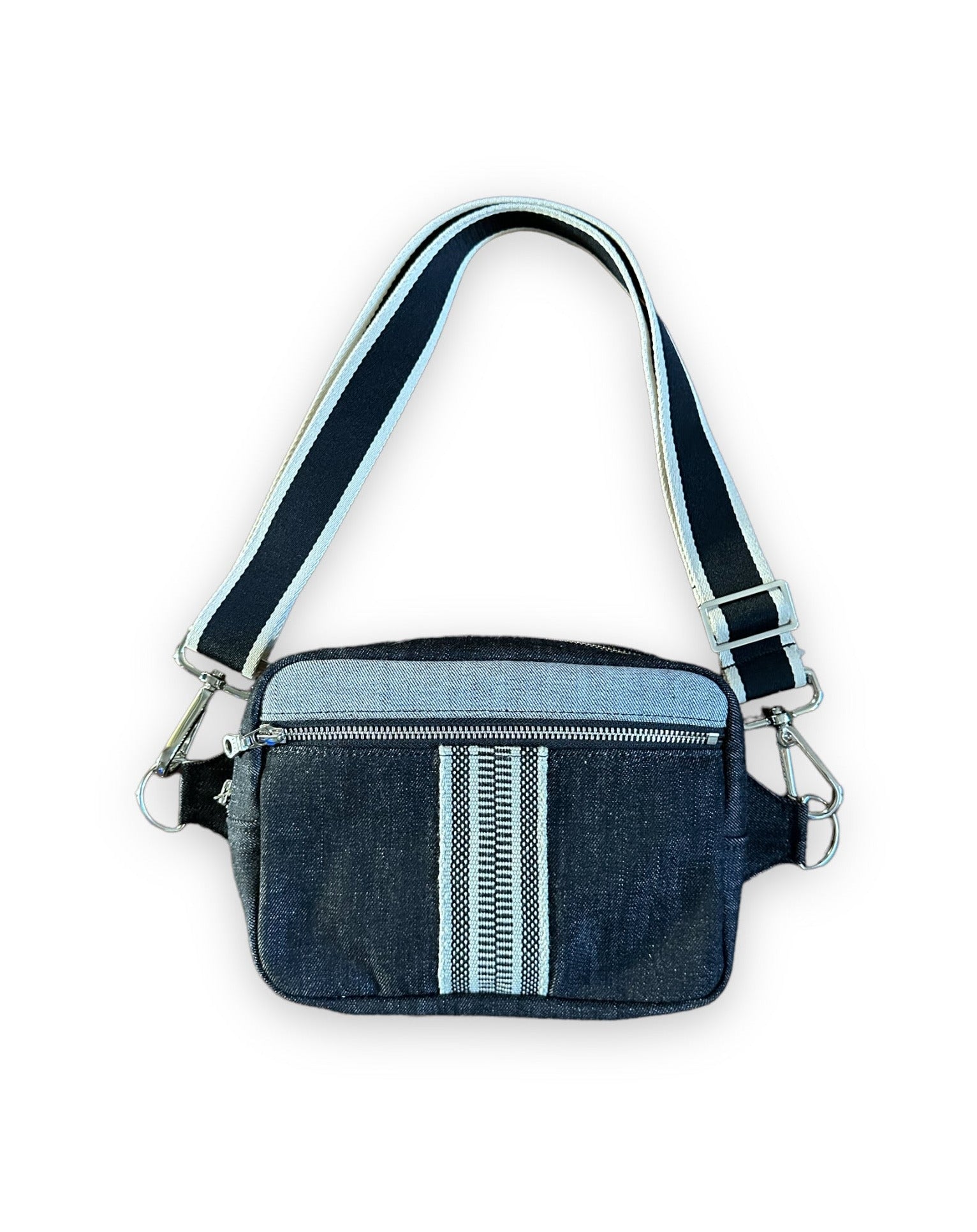 Unisex black denim sling crossbody bag with black & cream webbing.