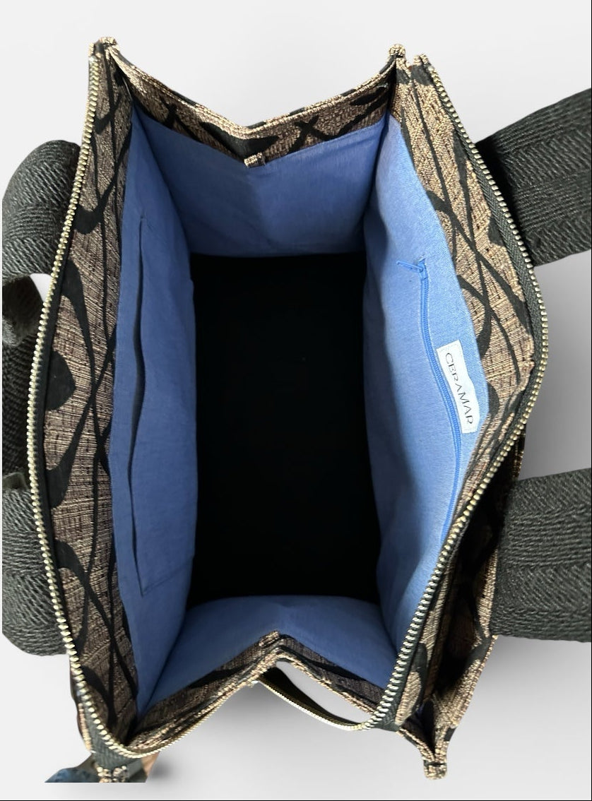 Brown and Black tote with blue lining