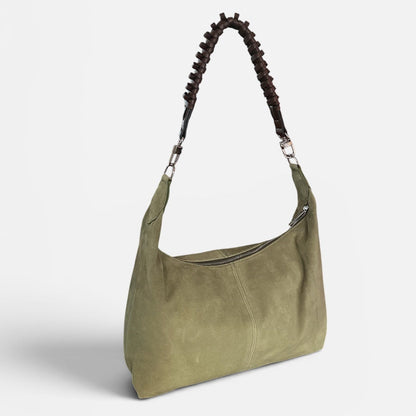 Medium olive suede slouchy shoulder bag featuring a braided leather shoulder strap, soft silhouette, and spacious interior for everyday style.
