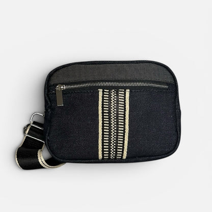 Black pouch with a strap and decorative stripe on a white background