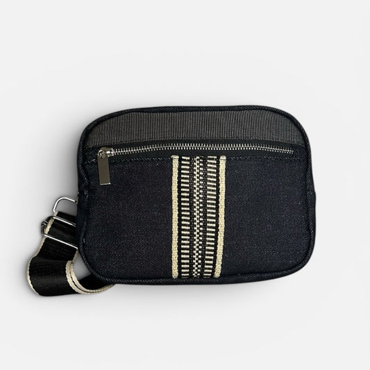 Black pouch with a strap and decorative stripe on a white background