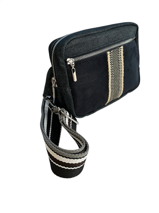 Unisex black denim sling crossbody travel bag, the essential bag for your adventures. 