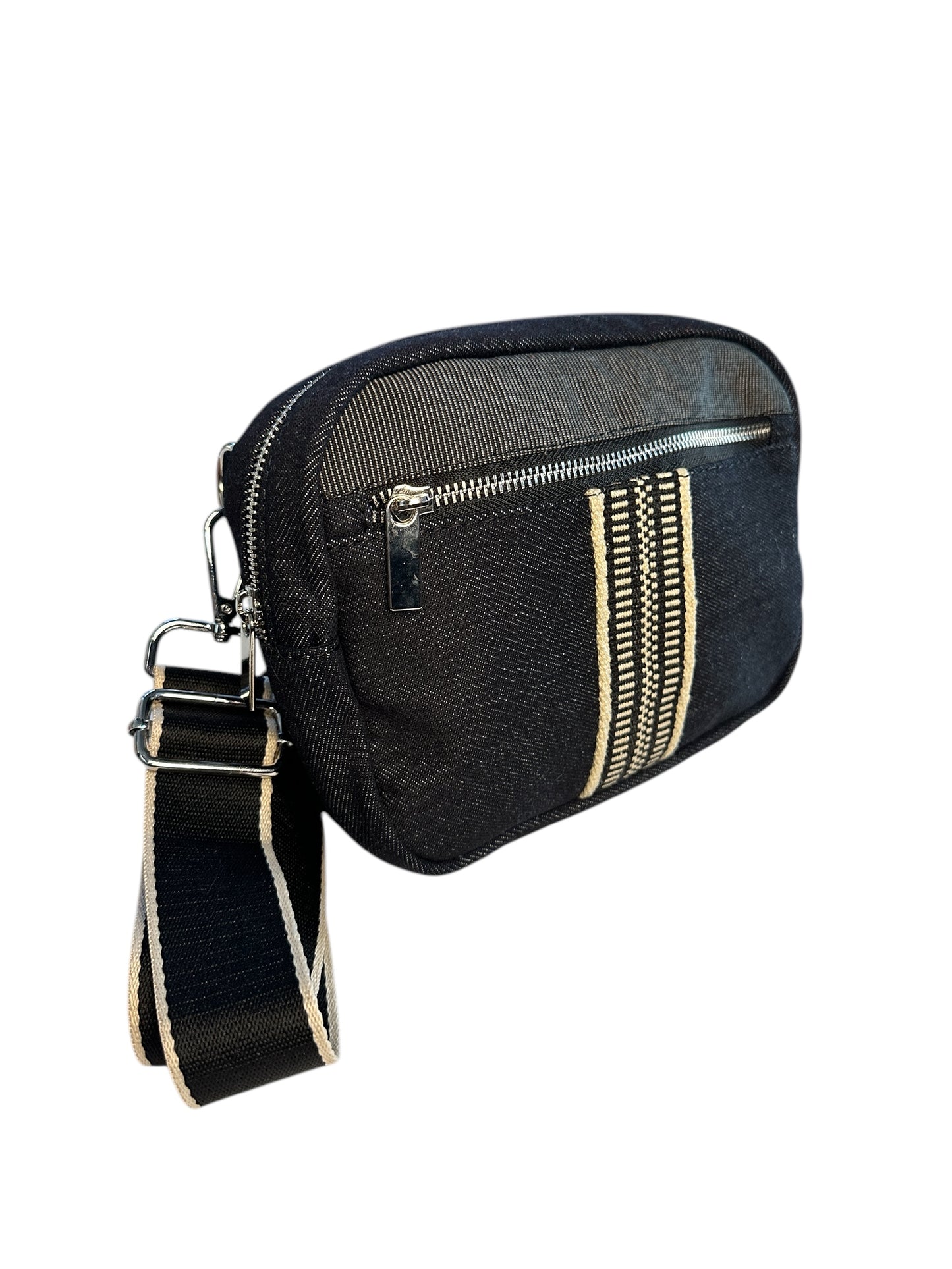 Black denim sling bag with colorful web. 