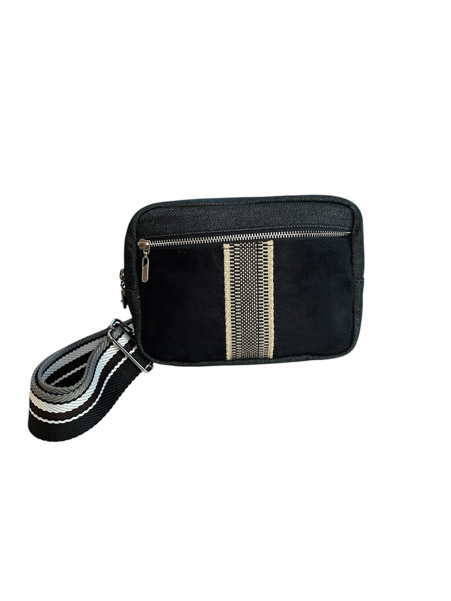 Unisex black denim sling crossbody travel bag, the essential bag for your adventures. 