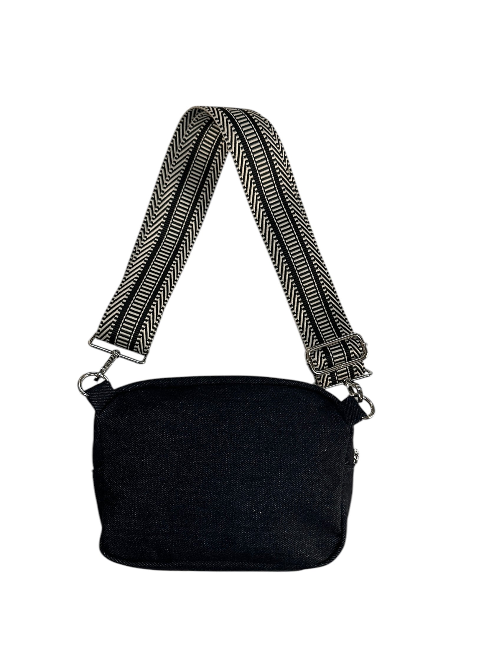 Black denim and croco leather sling bag.