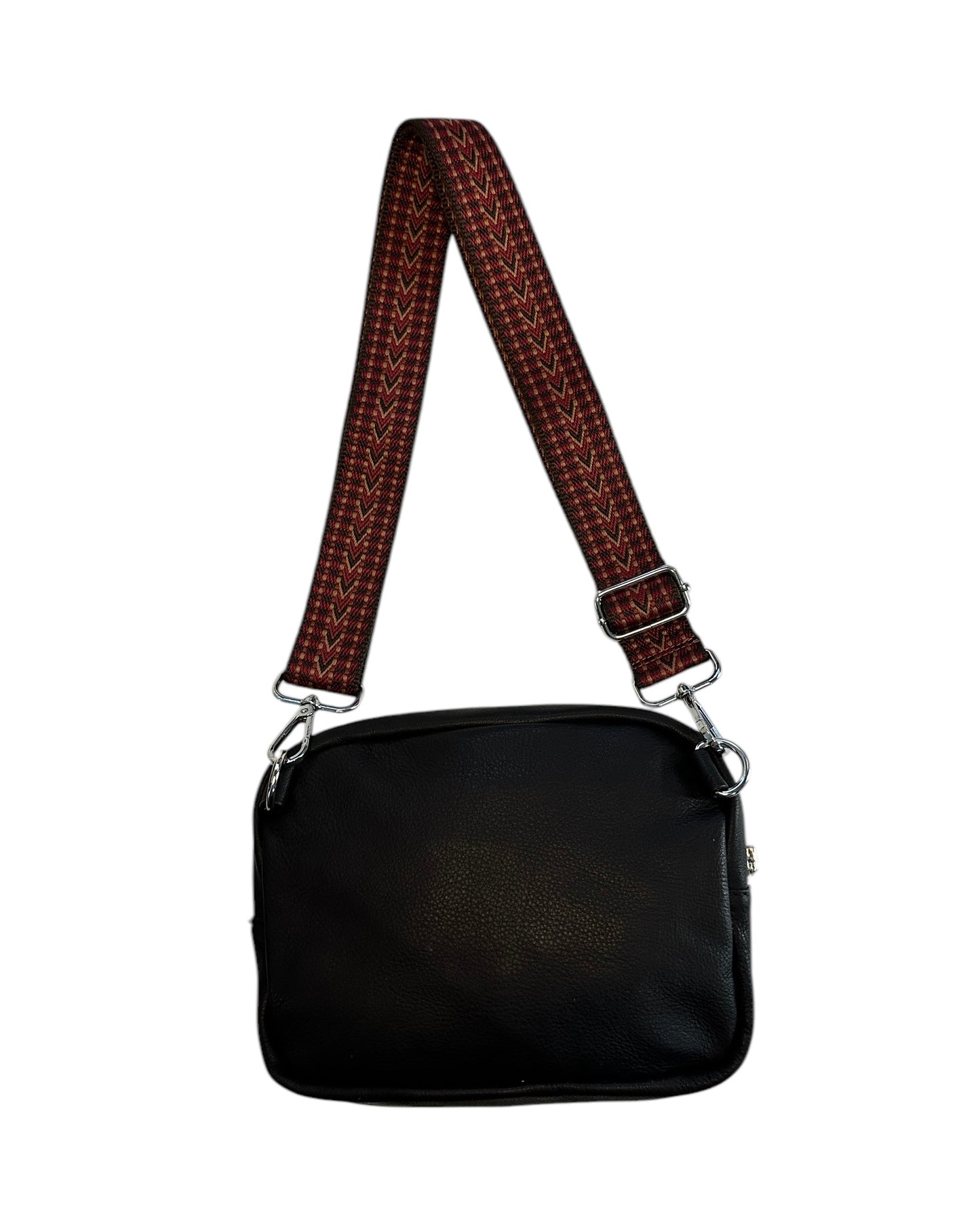 Black leather multi colored crossbody sling bag.