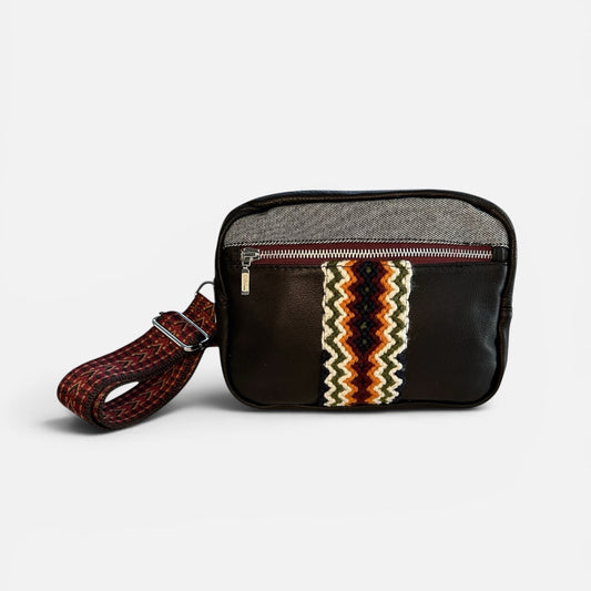 Small black leather  bag with a patterned strap on a white background