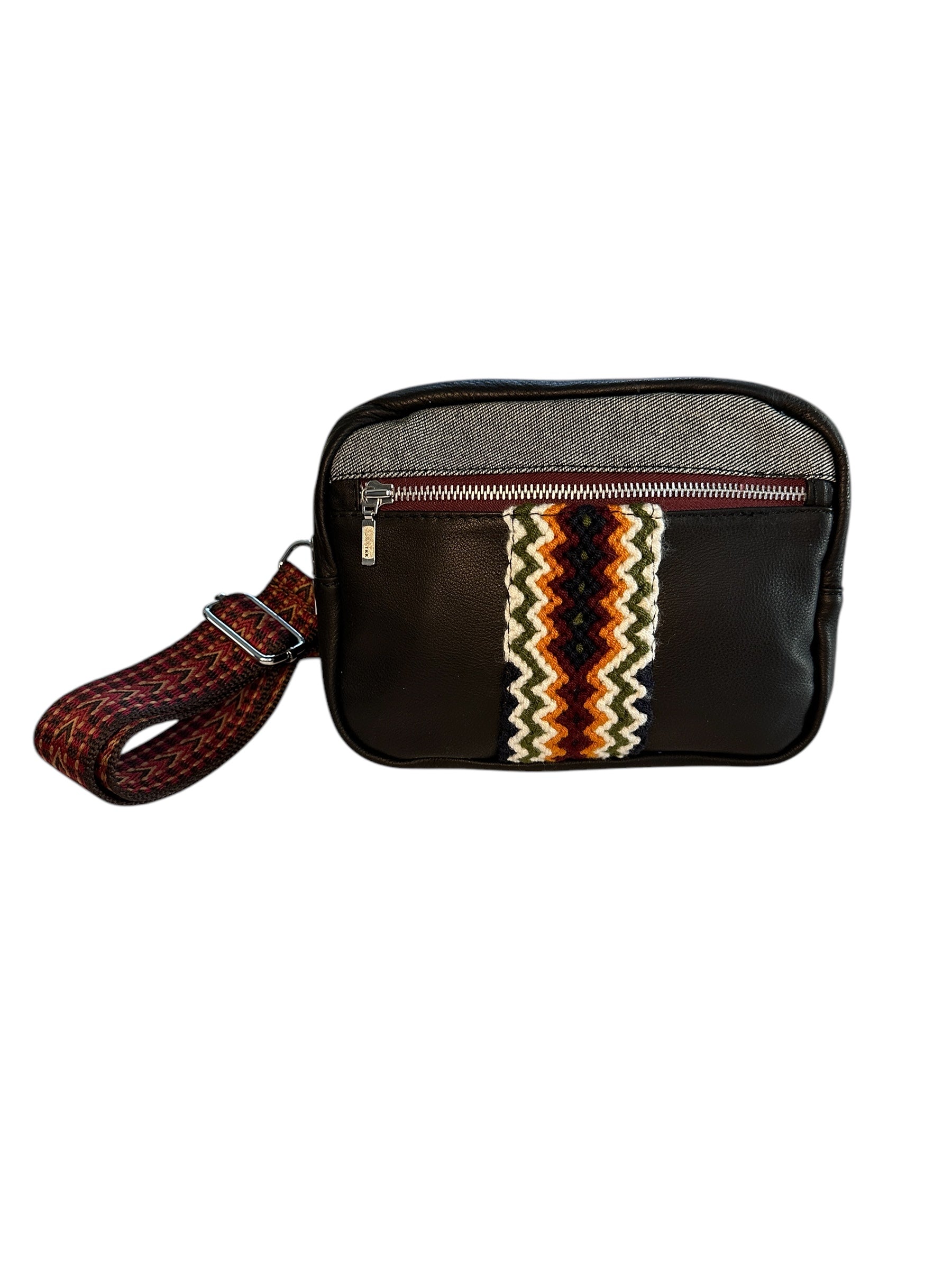 Black leather multi colored crossbody sling bag.