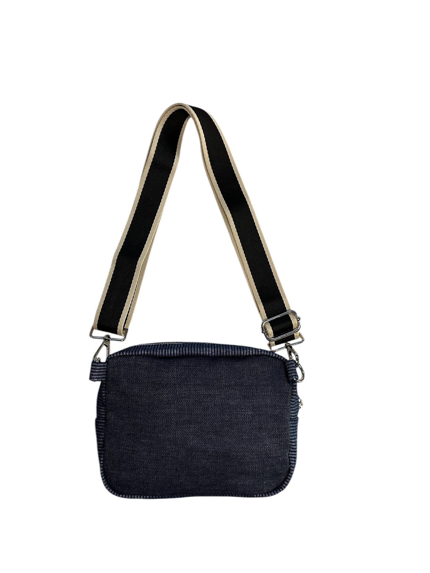 Blue sling bag with colorful web. 