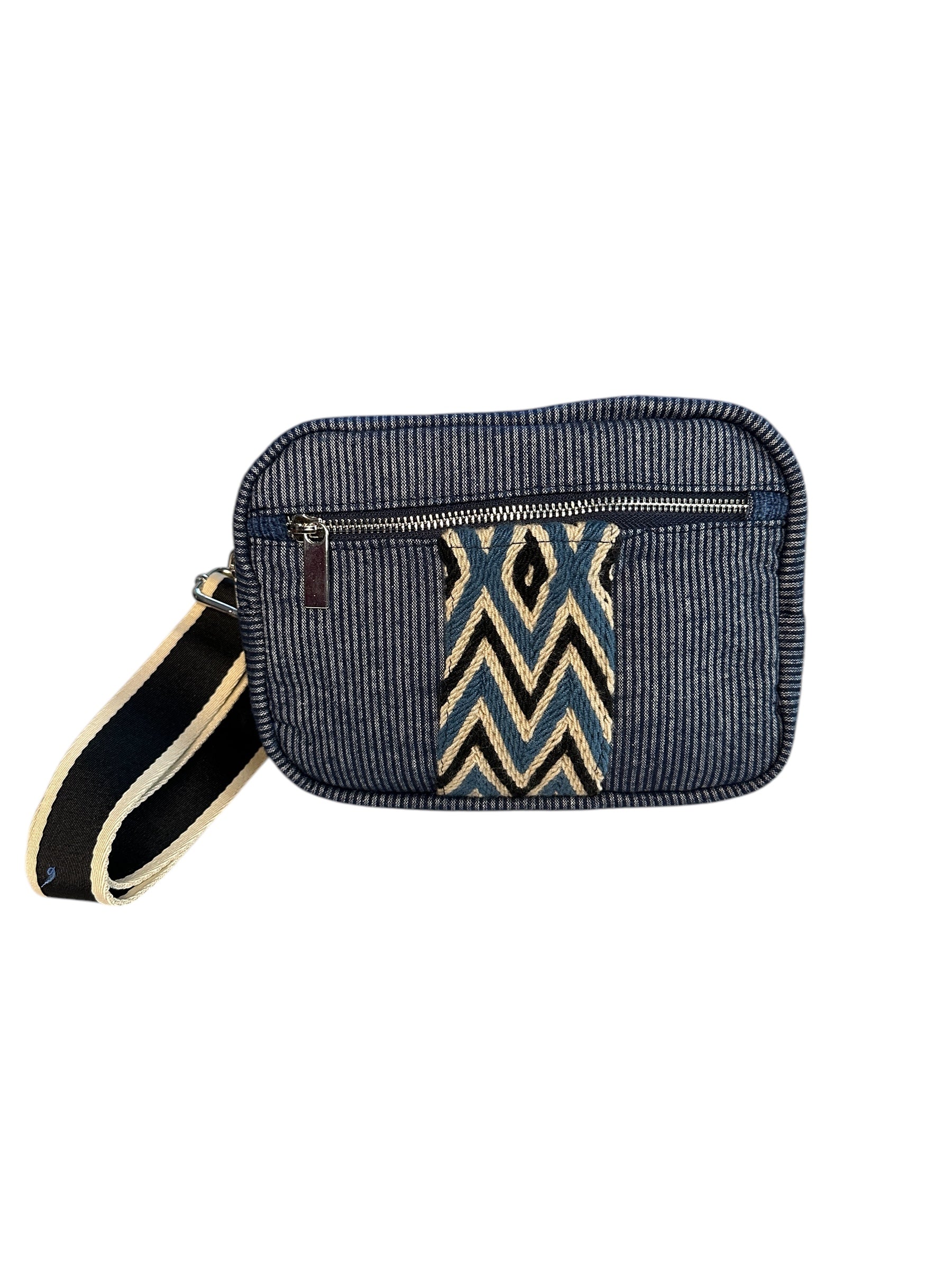 Stripe sling bag with colorful web. 