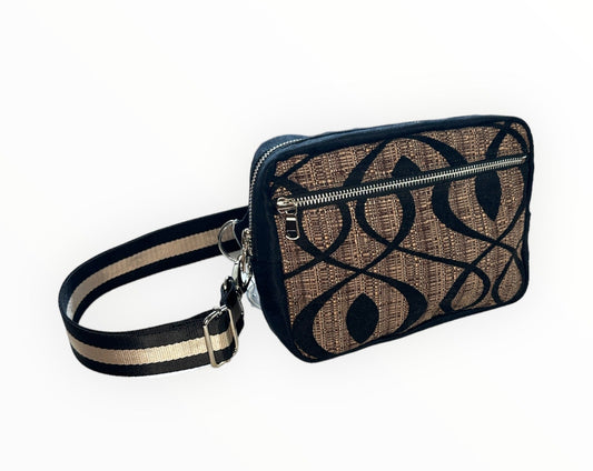 Brown Black Swirl with Faux Suede Sling Crossbody Bag with removable strap