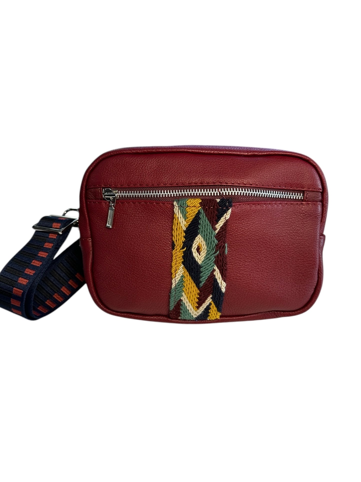 Burgundy leather multi colored crossbody sling bag.