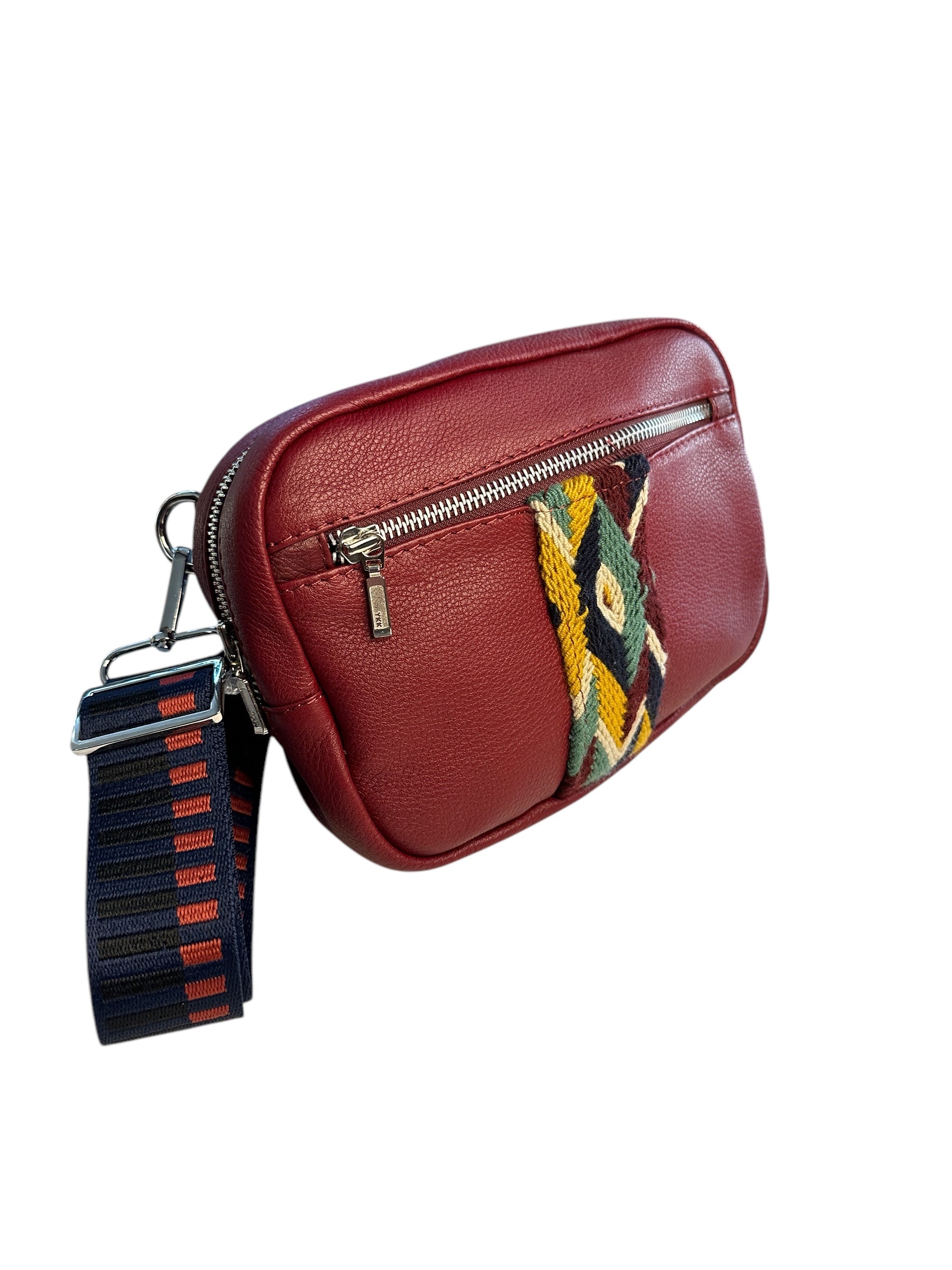 Burgundy leather multi colored crossbody sling bag.