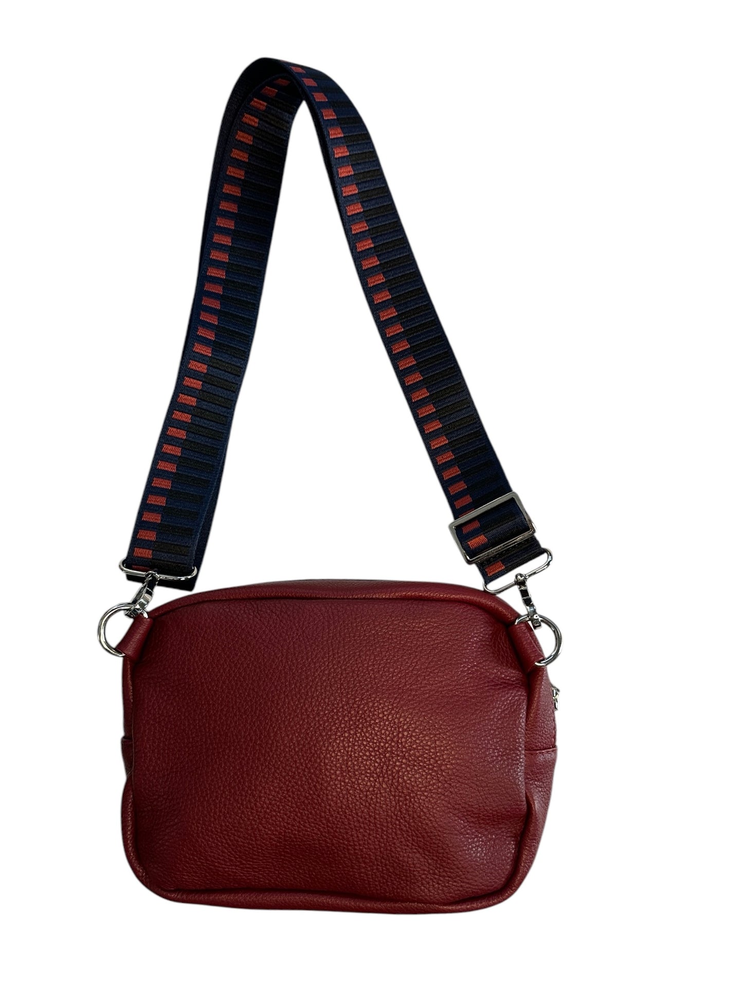 Burgundy leather multi colored crossbody sling bag.