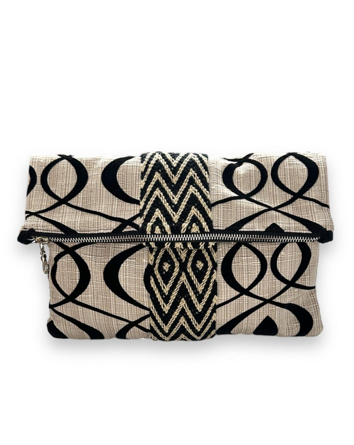 Cream and black swirl foldover Clutch bag with Wayuu trim. 