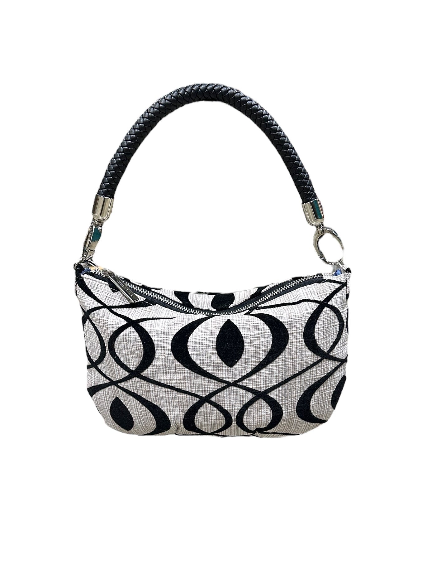 Handbag with black and white pattern on a white background