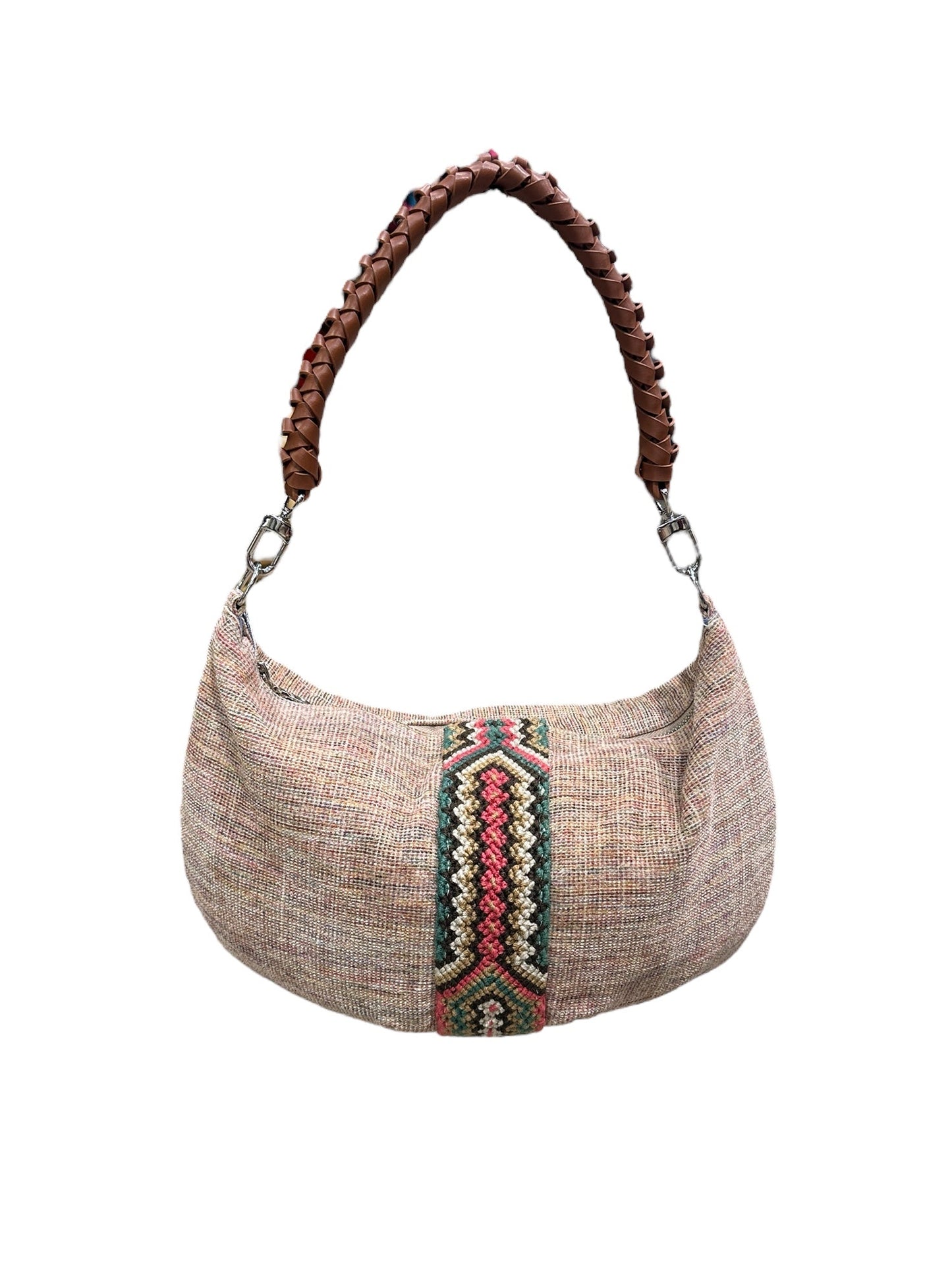 Textured handbag with a braided handle on a white background