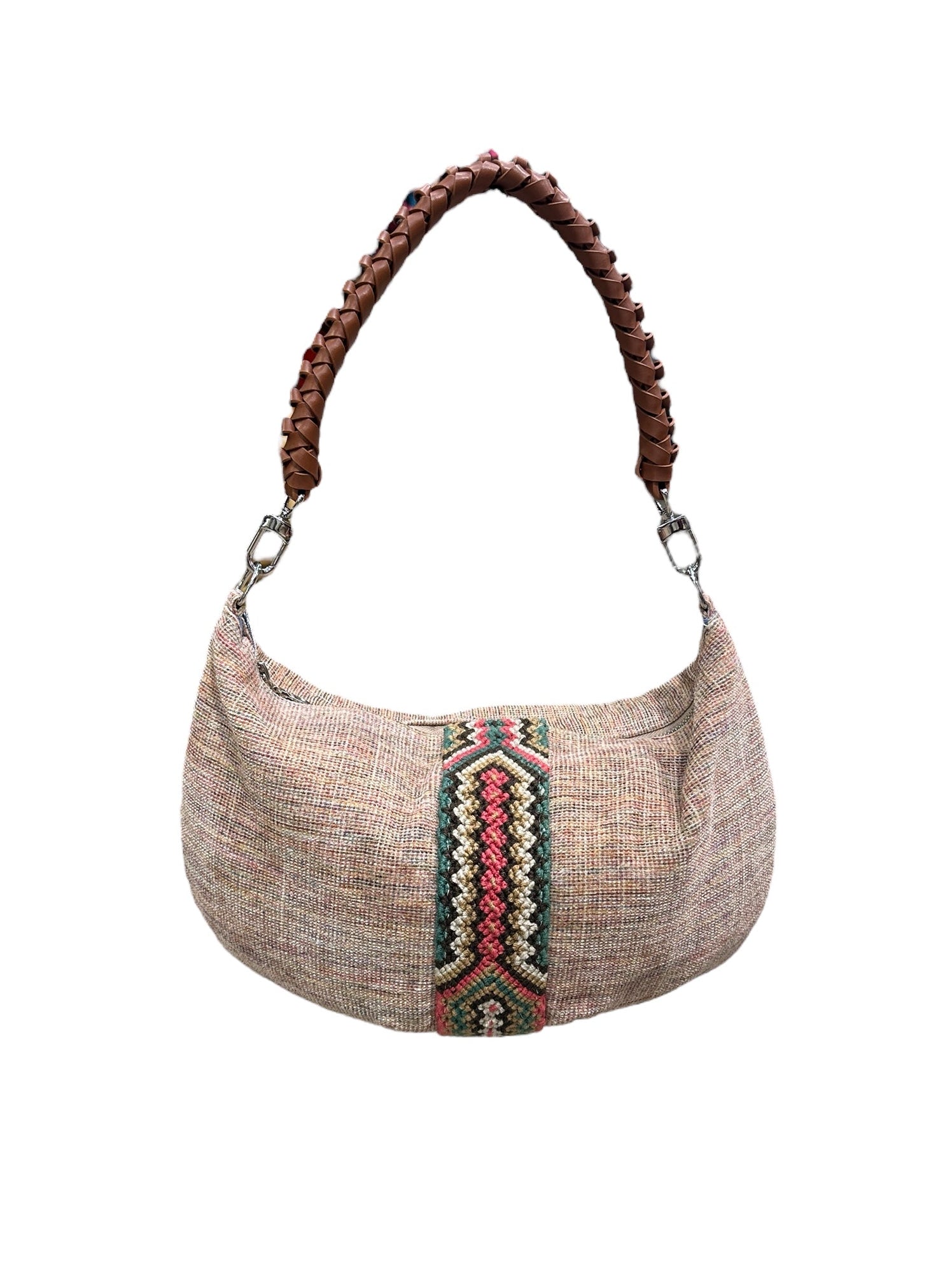 Textured handbag with a braided handle on a white background